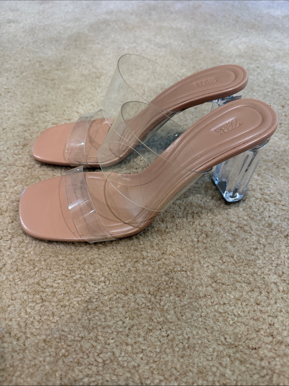 Zara Blush Nude Footbed Clear Strap Block Heel Sandals